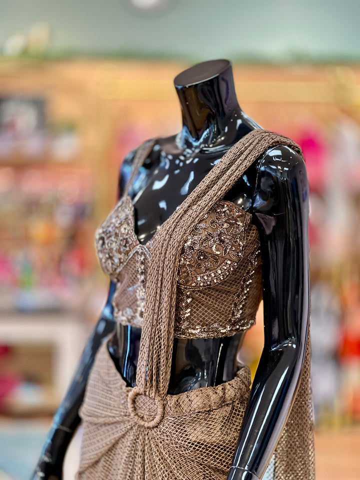 Olive-Brown Draped skirt-style Ready-wear Saree with Embroidered blouse