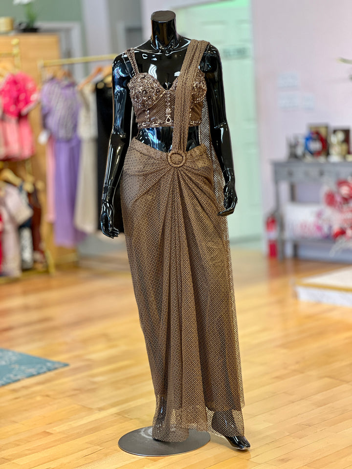 olive brown draped saree