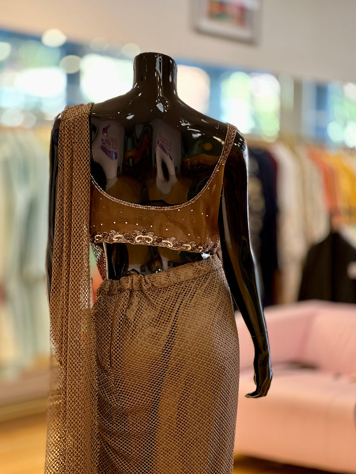 Olive-Brown Draped skirt-style Ready-wear Saree with Embroidered blouse