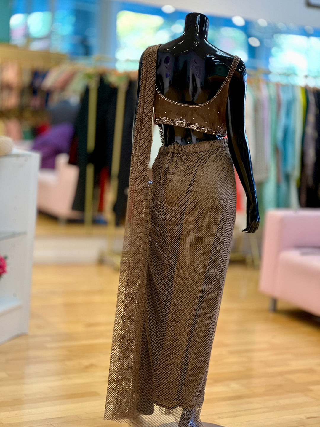 Olive-Brown Draped skirt-style Ready-wear Saree with Embroidered blouse