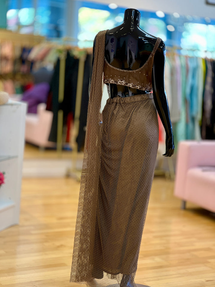 Olive-Brown Draped skirt-style Ready-wear Saree with Embroidered blouse