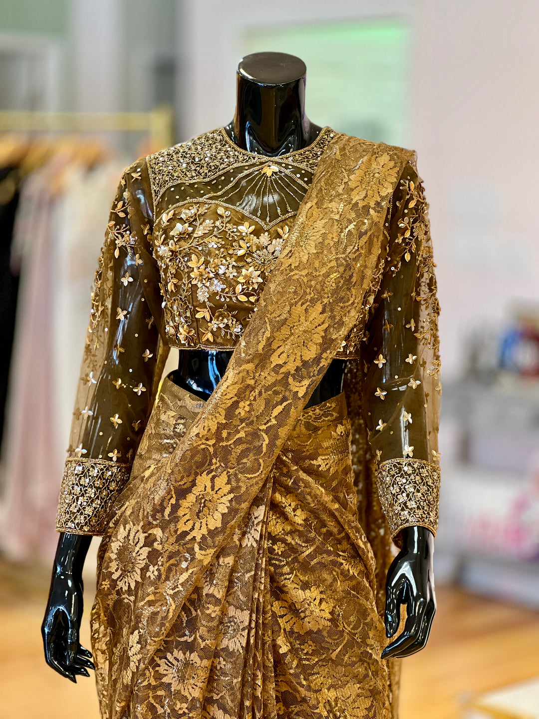 Dark Gold Brasso wrap-around style draped Ready-to-wear Saree with Embroidered Full-sleeve Blouse
