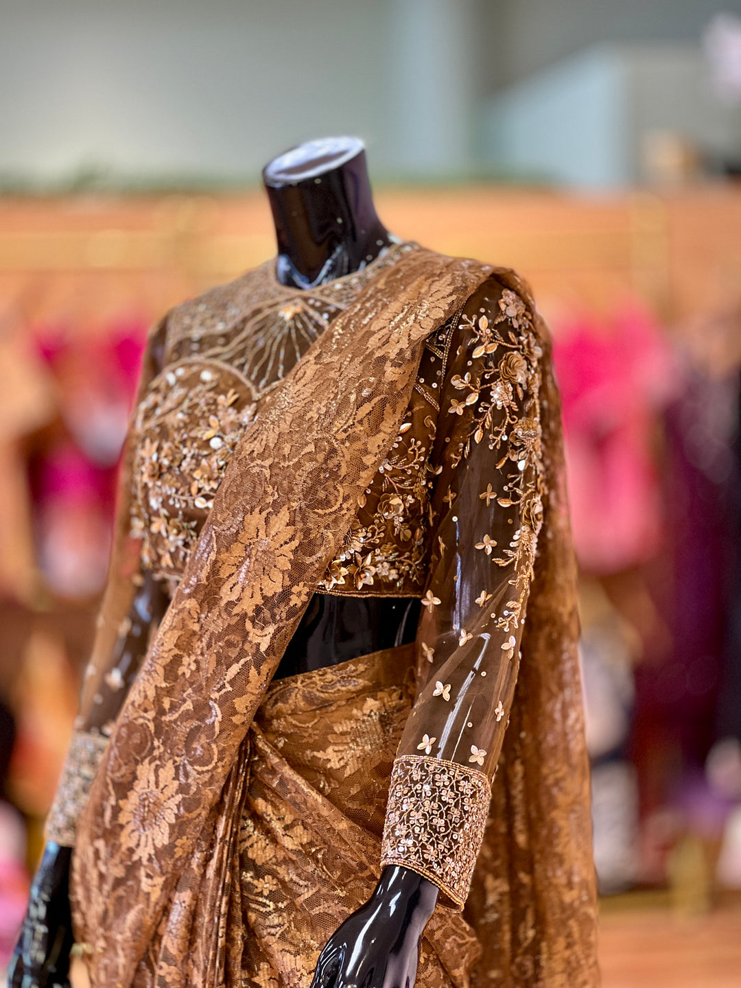 Dark Gold Brasso wrap-around style draped Ready-to-wear Saree with Embroidered Full-sleeve Blouse