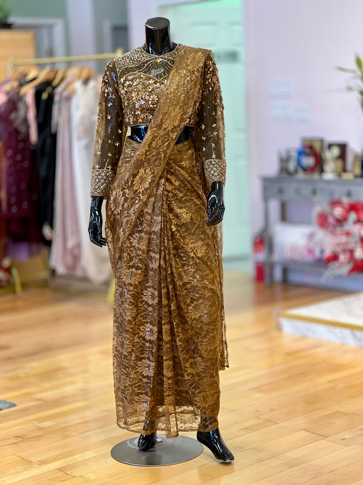 Dark Gold Brasso wrap-around style draped Ready-to-wear Saree with Embroidered Full-sleeve Blouse