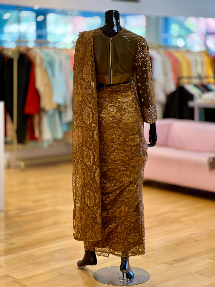 Dark Gold Brasso wrap-around style draped Ready-to-wear Saree with Embroidered Full-sleeve Blouse
