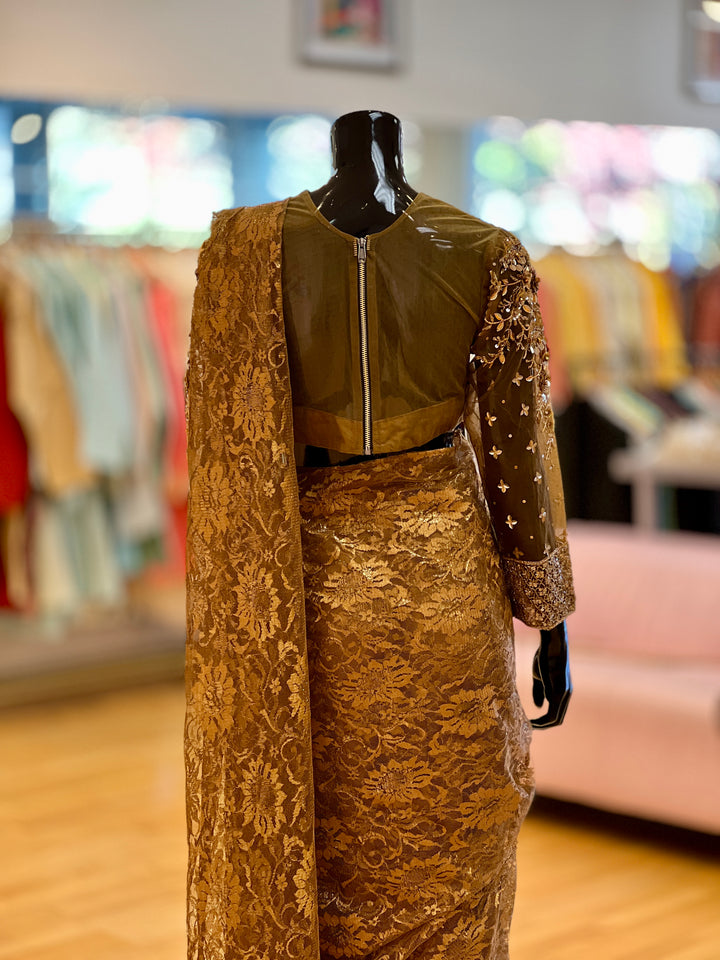 Dark Gold Brasso wrap-around style draped Ready-to-wear Saree with Embroidered Full-sleeve Blouse