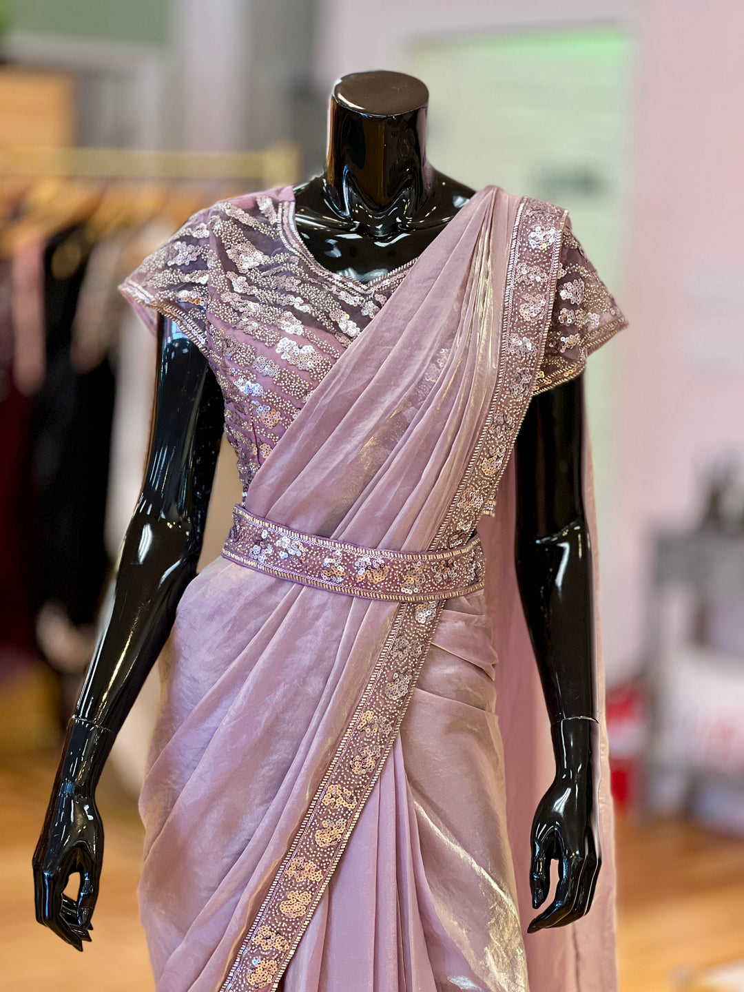 Lavender Glass-silk Wrap-around draped-style Ready-to-wear Saree with Embroidered Blouse and Belt