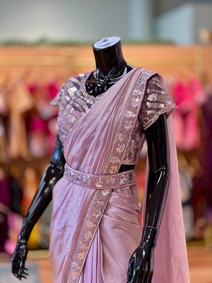Lavender Glass-silk Wrap-around draped-style Ready-to-wear Saree with Embroidered Blouse and Belt
