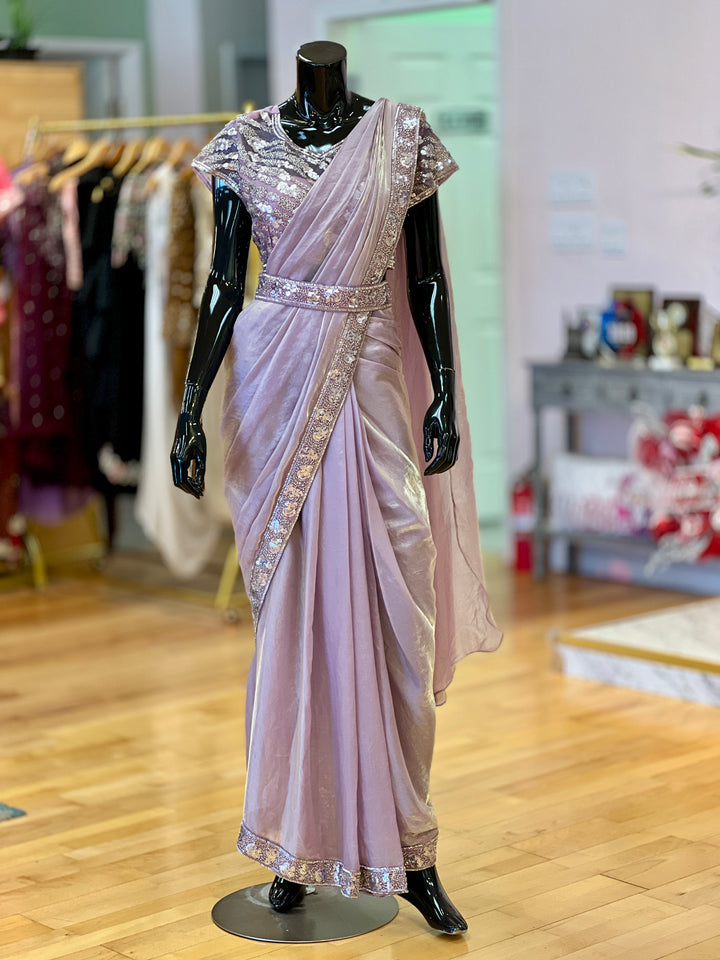 Lavender Glass-silk Wrap-around draped-style Ready-to-wear Saree with Embroidered Blouse and Belt
