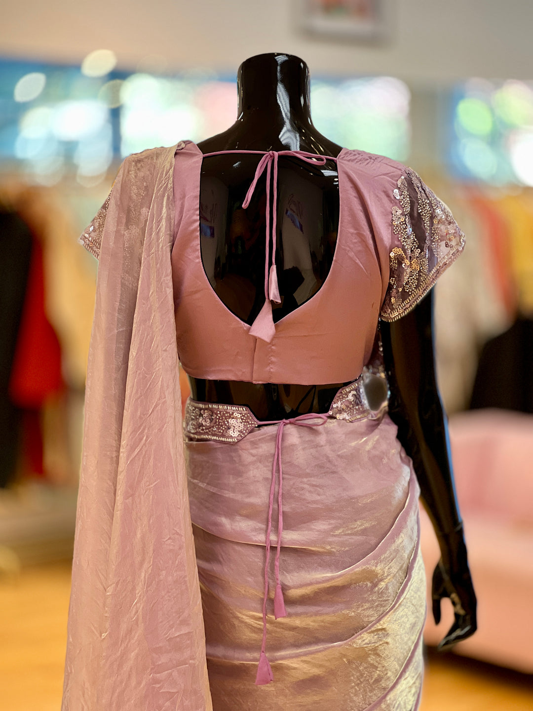 Lavender Glass-silk Wrap-around draped-style Ready-to-wear Saree with Embroidered Blouse and Belt