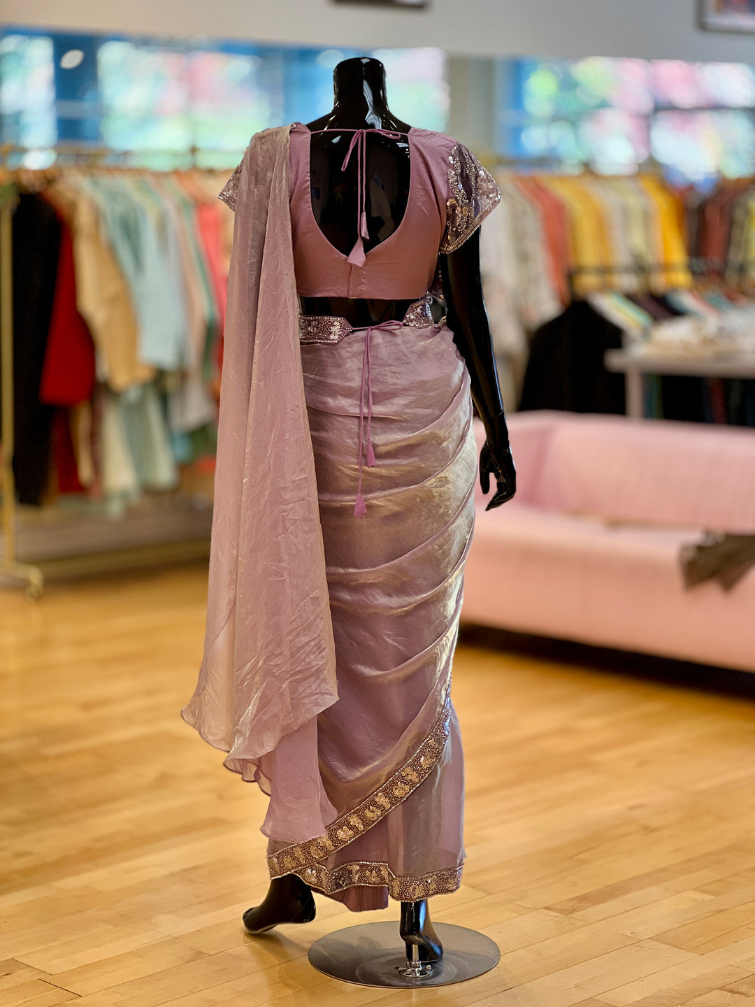 Lavender Glass-silk Wrap-around draped-style Ready-to-wear Saree with Embroidered Blouse and Belt