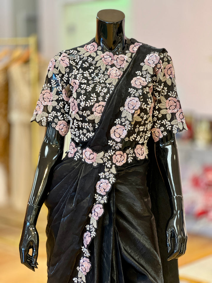 Black glass-silk draped Ready-to-wear Saree with Embroidered borders, Blouse and Belt