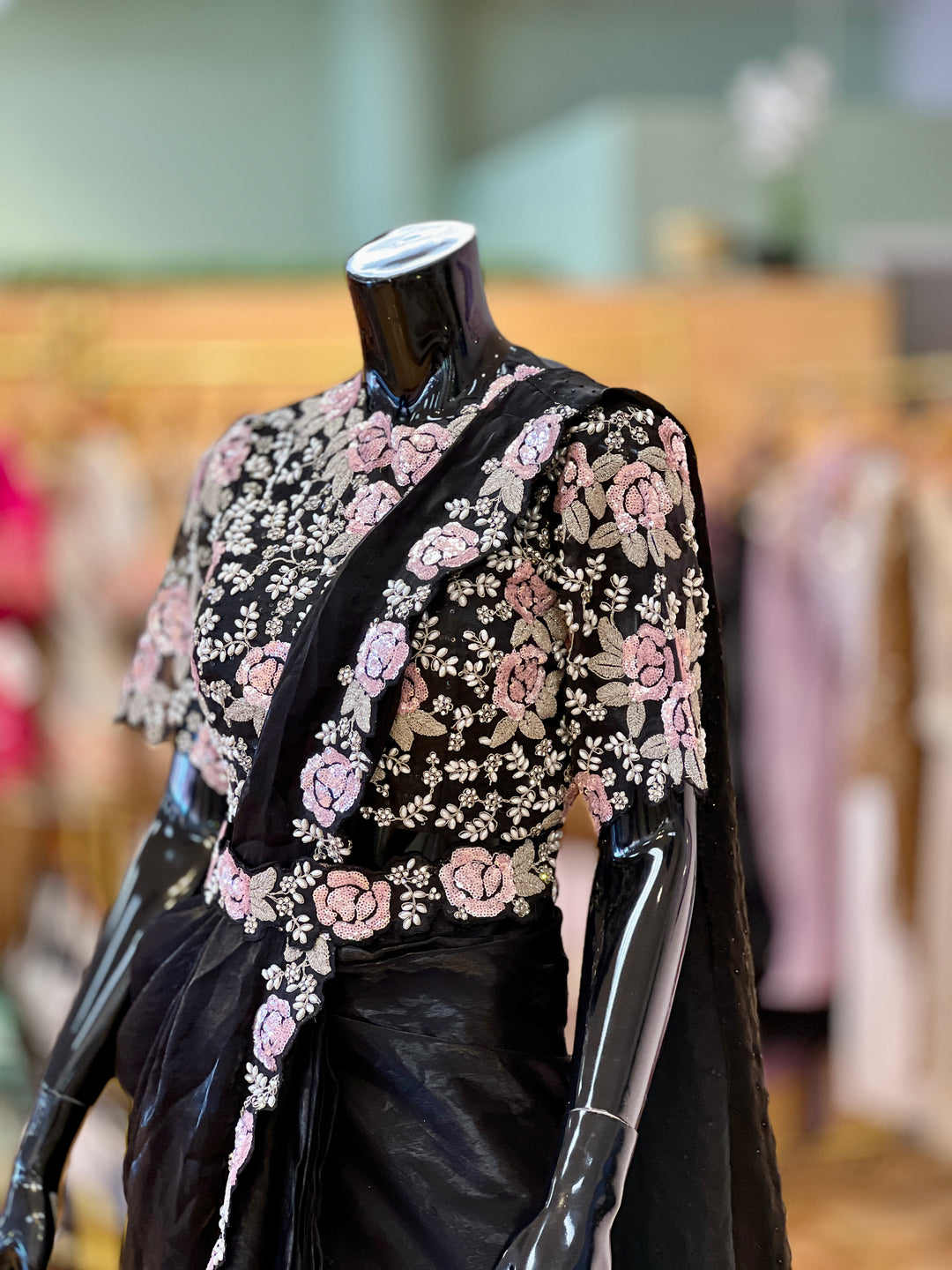 Black glass-silk draped Ready-to-wear Saree with Embroidered borders, Blouse and Belt