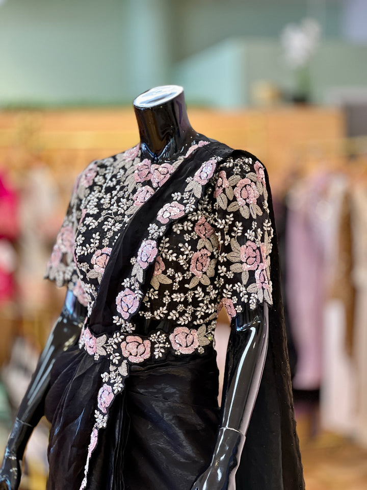 Black glass-silk draped Ready-to-wear Saree with Embroidered borders, Blouse and Belt