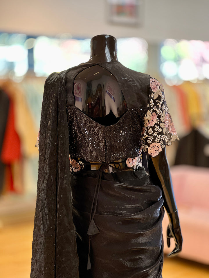 Black glass-silk draped Ready-to-wear Saree with Embroidered borders, Blouse and Belt