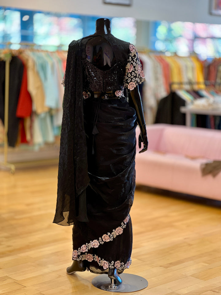 Black glass-silk draped Ready-to-wear Saree with Embroidered borders, Blouse and Belt