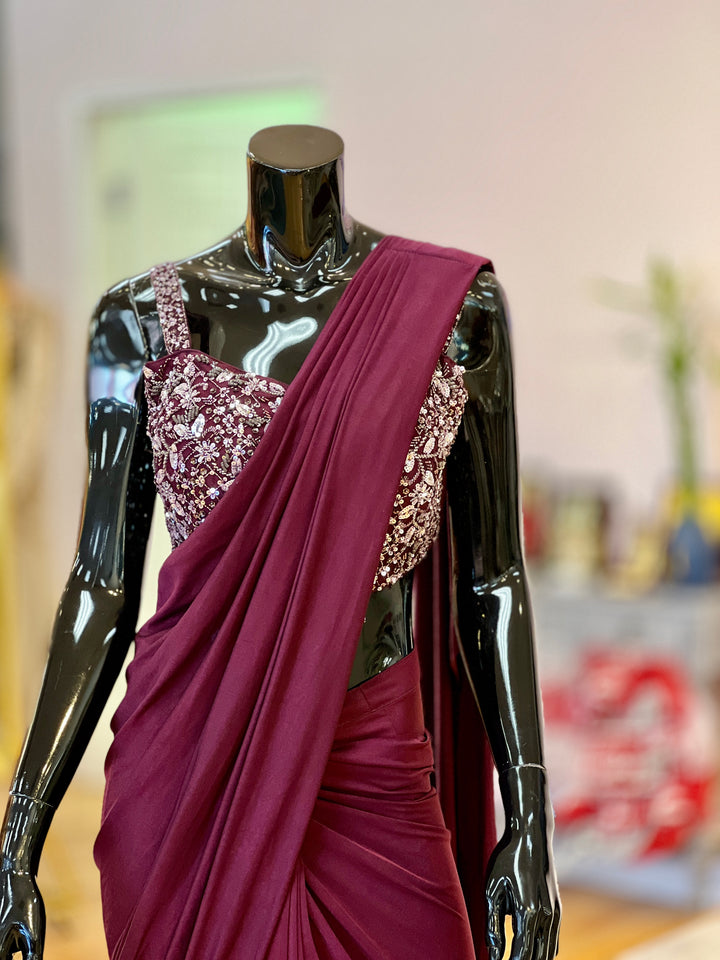 Wine-color draped Ready-to-wear Saree with Embroidered Blouse and detachable Jacket