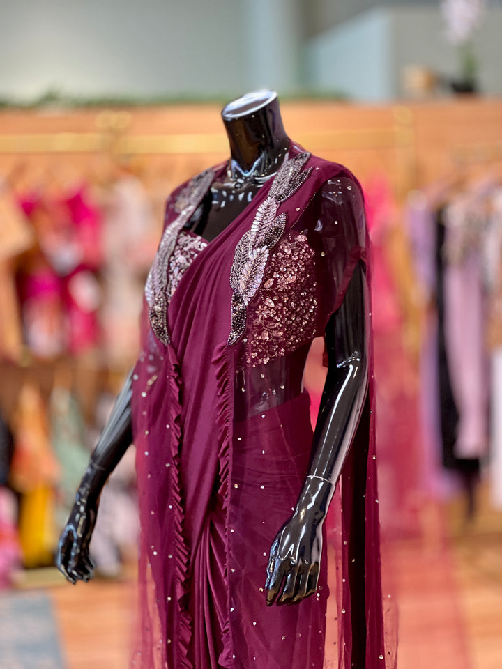 Wine-color draped Ready-to-wear Saree with Embroidered Blouse and detachable Jacket