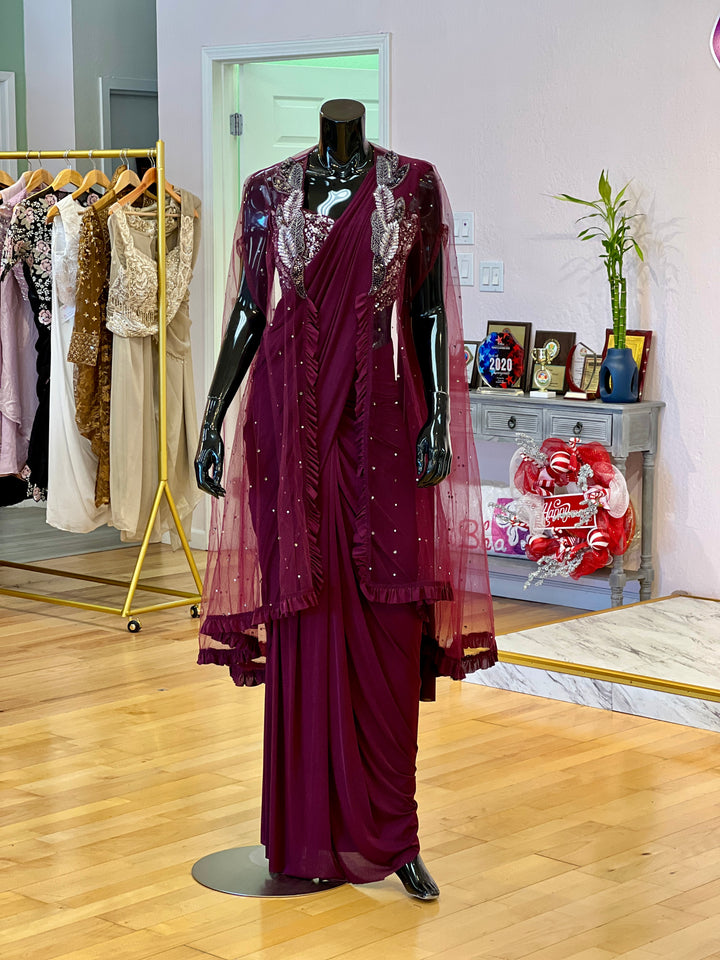 Wine-color draped Ready-to-wear Saree with Embroidered Blouse and detachable Jacket