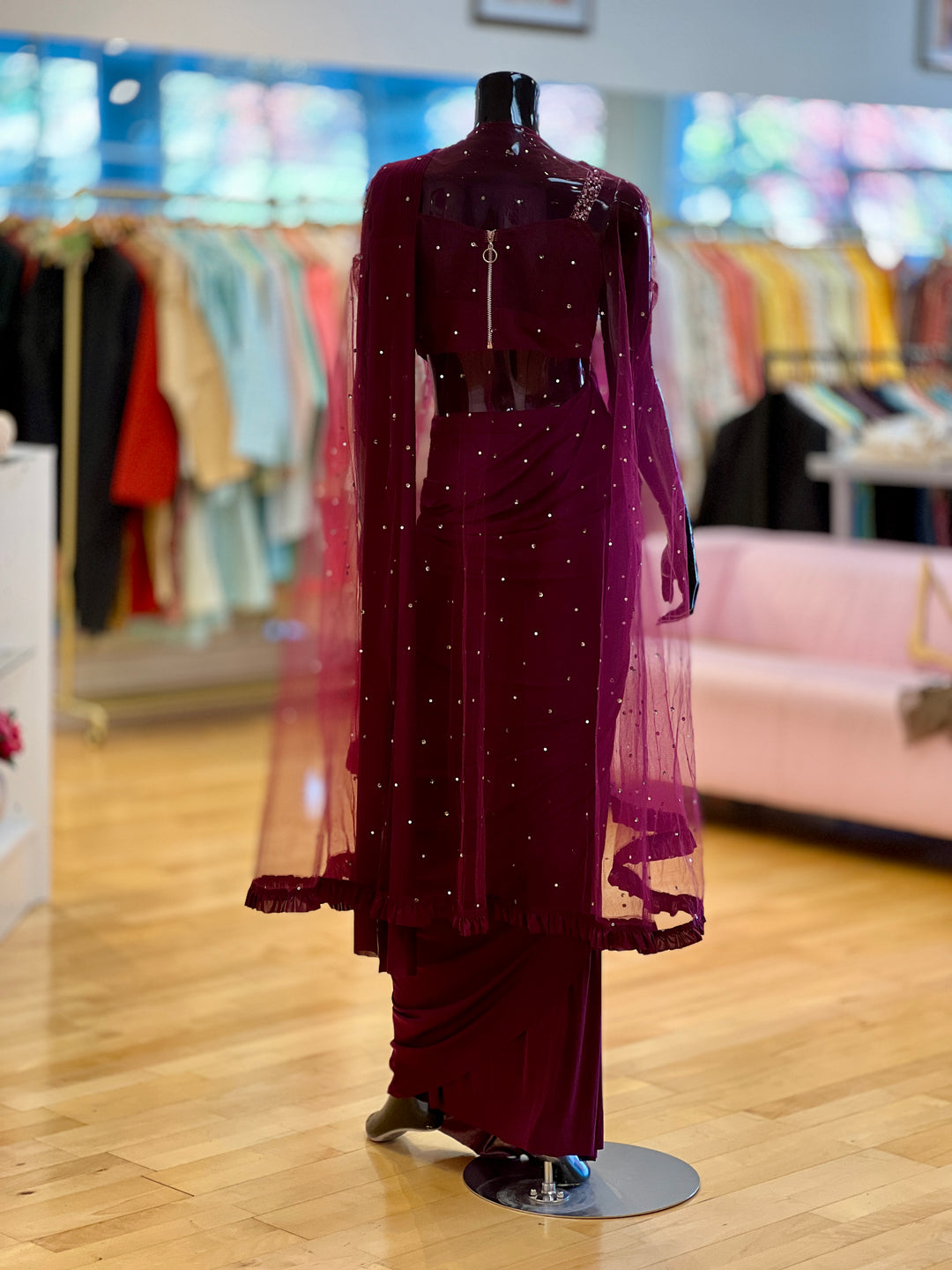 Wine-color draped Ready-to-wear Saree with Embroidered Blouse and detachable Jacket