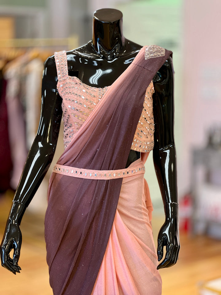 Peach and Burgundy draped ready-to-wear Saree with Mirror-work Embroidered Blouse and Waist Belt