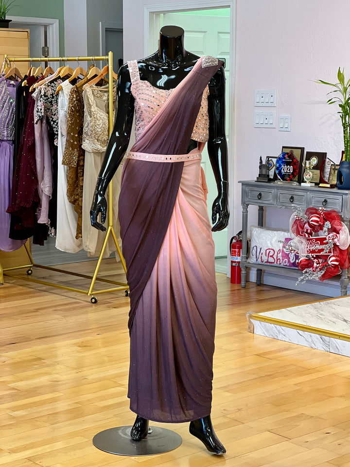 Peach and Burgundy draped ready-to-wear Saree with Mirror-work Embroidered Blouse and Waist Belt