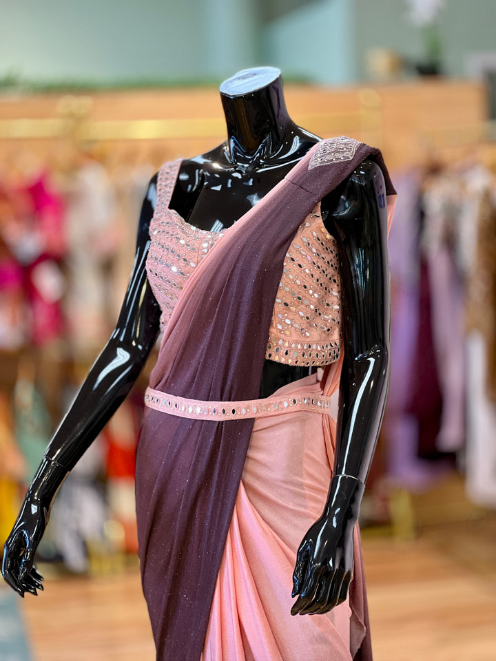 Peach and Burgundy draped ready-to-wear Saree with Mirror-work Embroidered Blouse and Waist Belt