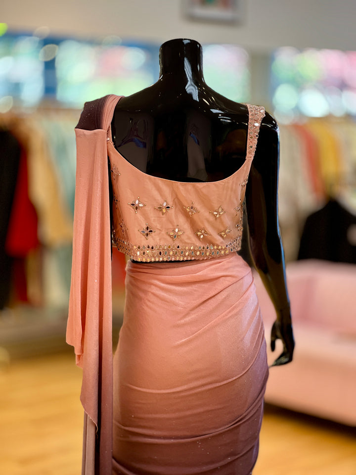 Peach and Burgundy draped ready-to-wear Saree with Mirror-work Embroidered Blouse and Waist Belt