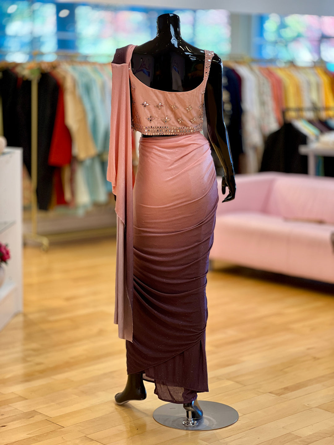 Peach and Burgundy draped ready-to-wear Saree with Mirror-work Embroidered Blouse and Waist Belt