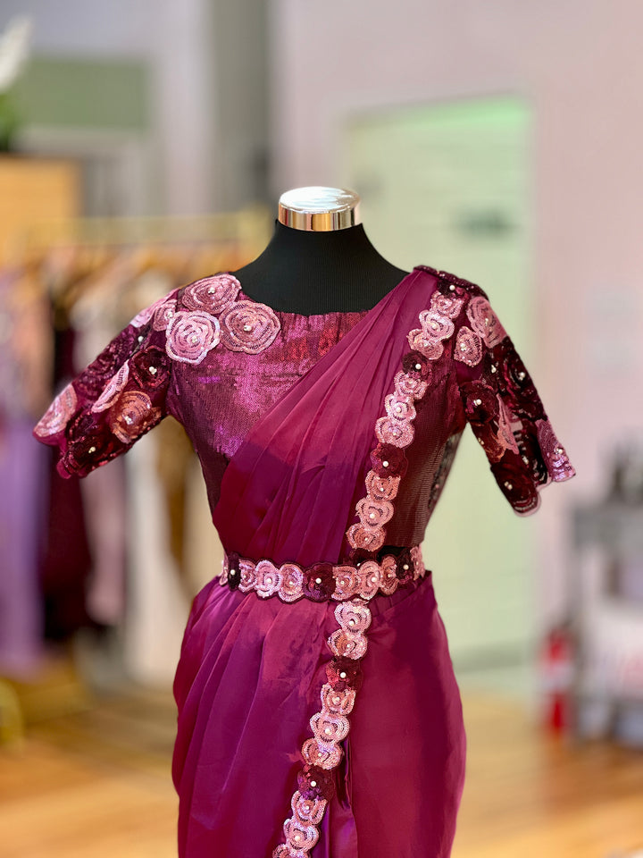 Plum color Wrap-around style draped Ready-to-wear Saree with Embroidered borders, Blouse and Belt