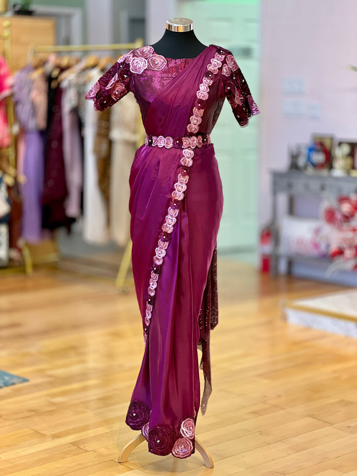 Plum color Wrap-around style draped Ready-to-wear Saree with Embroidered borders, Blouse and Belt