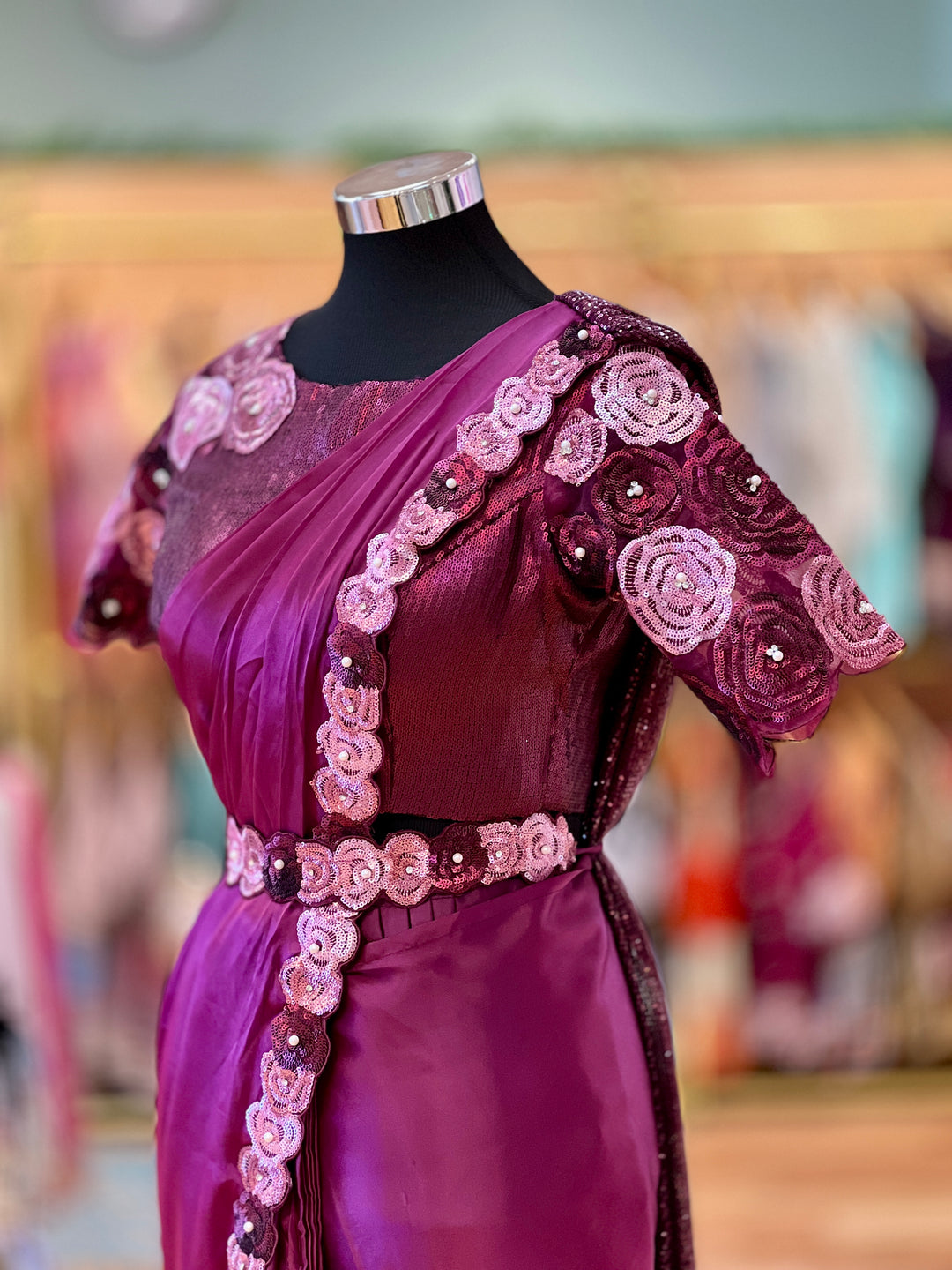 Plum color Wrap-around style draped Ready-to-wear Saree with Embroidered borders, Blouse and Belt
