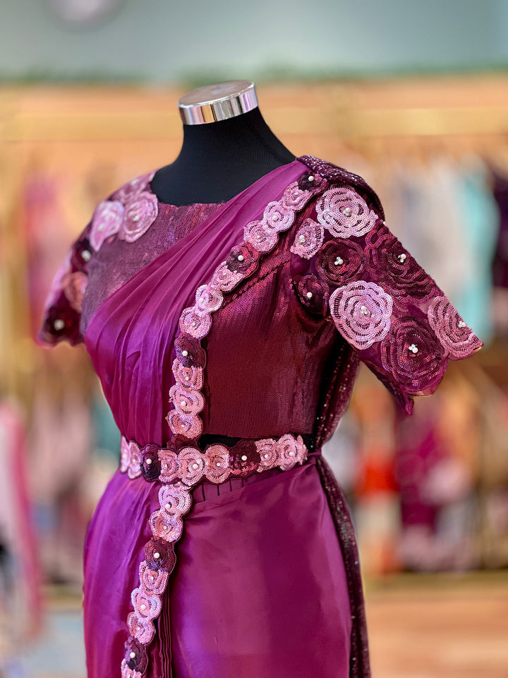 Plum color Wrap-around style draped Ready-to-wear Saree with Embroidered borders, Blouse and Belt