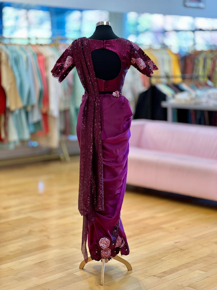 Plum color Wrap-around style draped Ready-to-wear Saree with Embroidered borders, Blouse and Belt