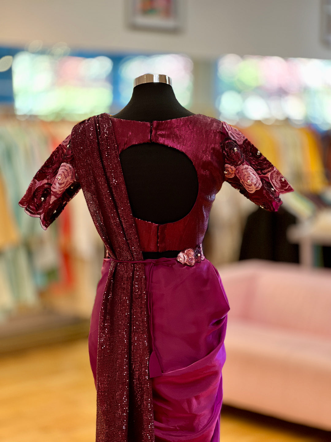 Plum color Wrap-around style draped Ready-to-wear Saree with Embroidered borders, Blouse and Belt