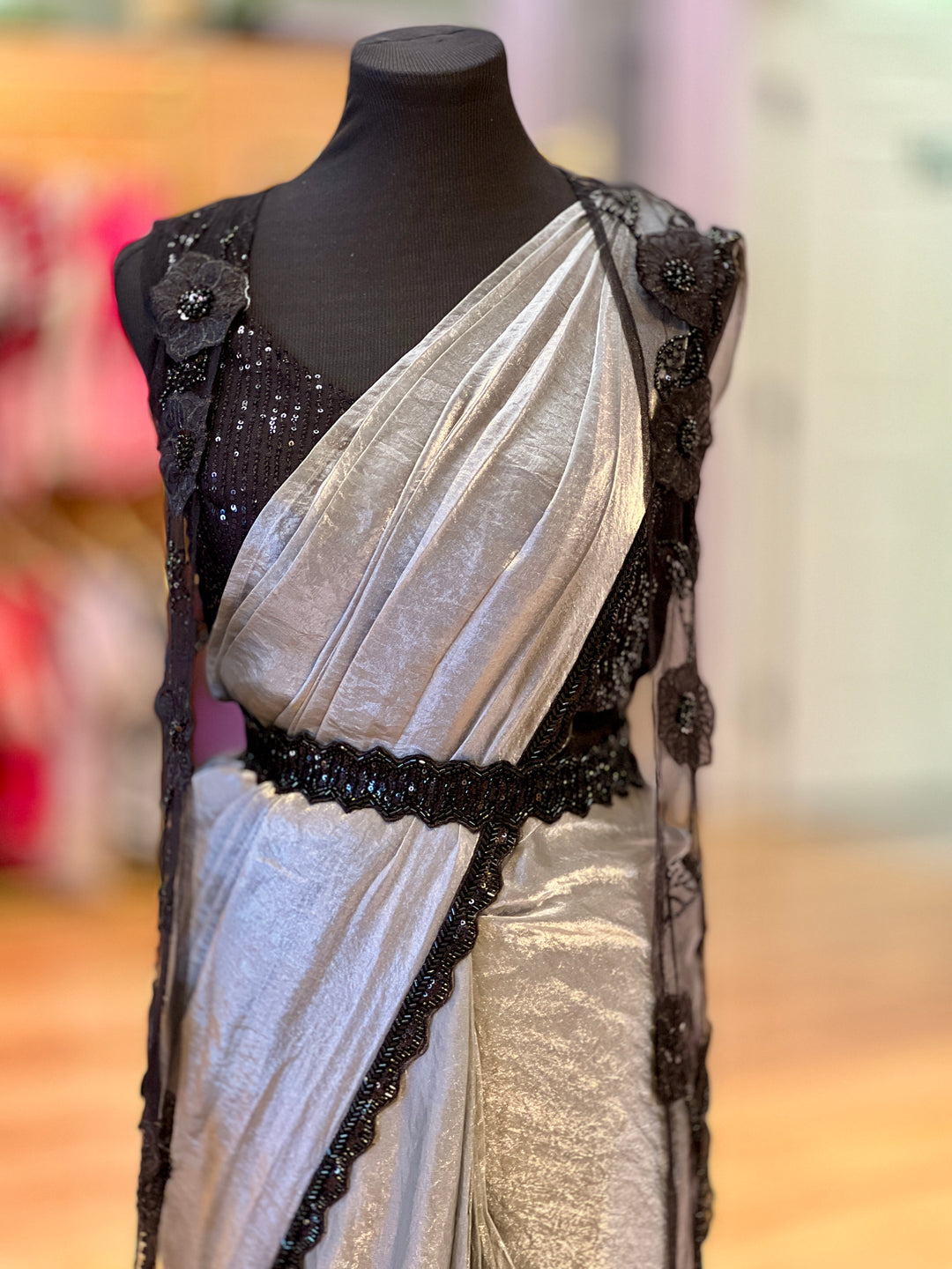 Grey and Black draped Ready-to-wear Saree with Sequins Blouse and Embroidered detachable-jacket and Belt