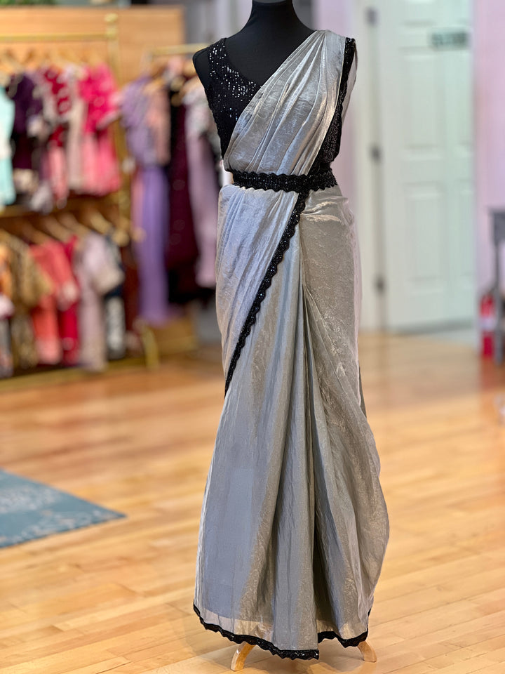 Grey and Black draped Ready-to-wear Saree with Sequins Blouse and Embroidered detachable-jacket and Belt