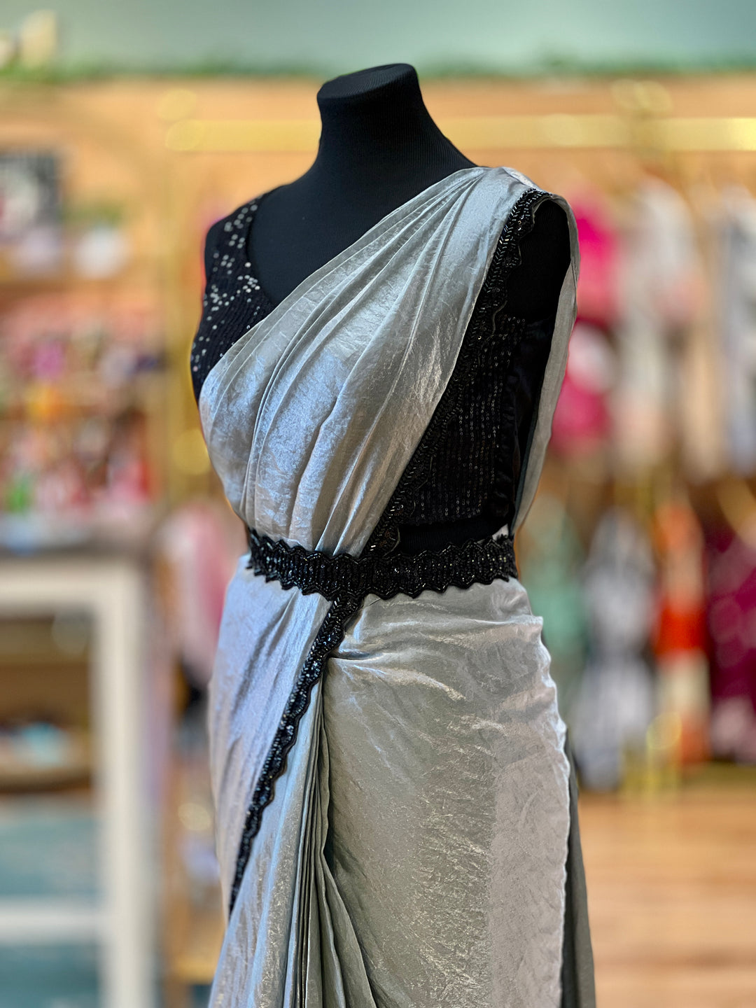 Grey and Black draped Ready-to-wear Saree with Sequins Blouse and Embroidered detachable-jacket and Belt