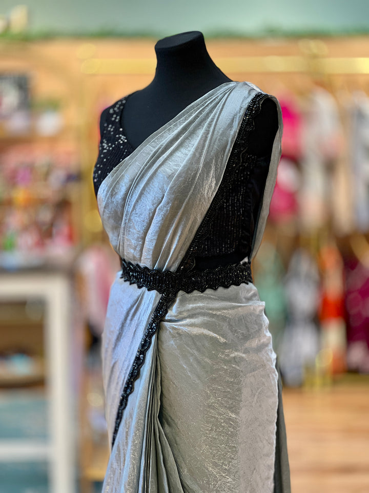 Grey and Black draped Ready-to-wear Saree with Sequins Blouse and Embroidered detachable-jacket and Belt