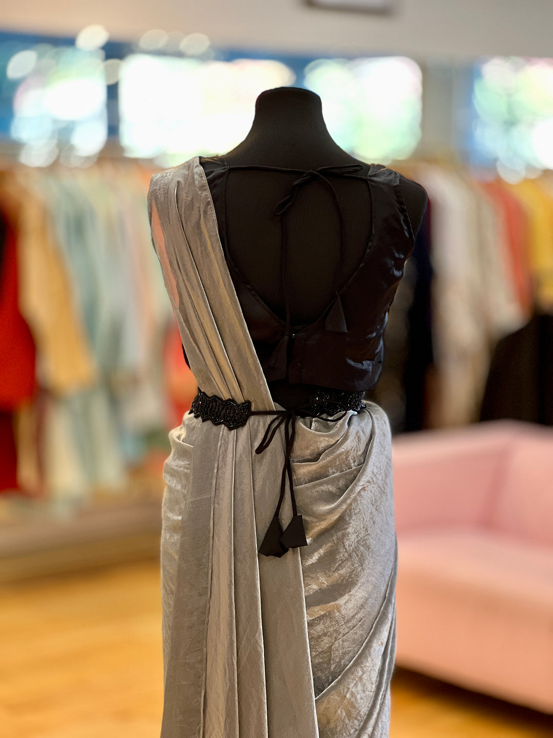 Grey and Black draped Ready-to-wear Saree with Sequins Blouse and Embroidered detachable-jacket and Belt