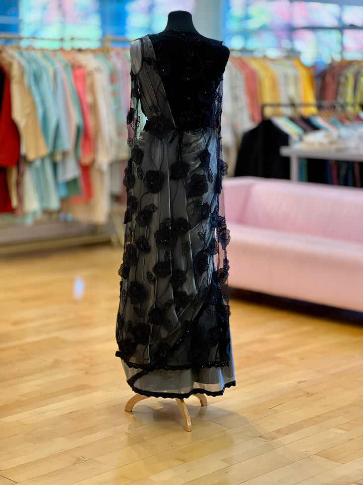 Grey and Black draped Ready-to-wear Saree with Sequins Blouse and Embroidered detachable-jacket and Belt