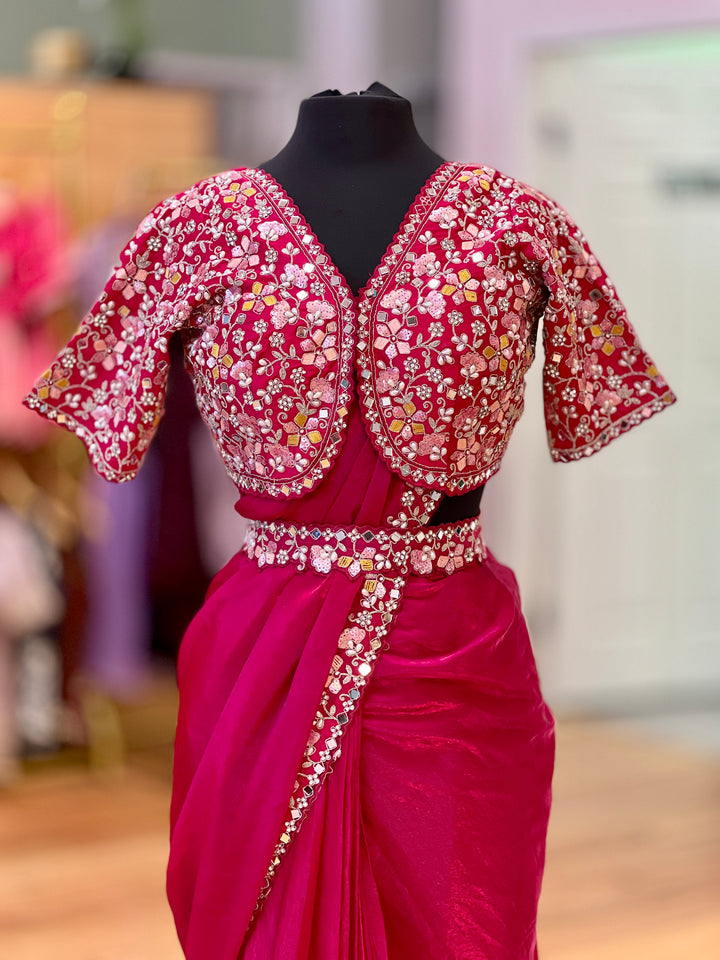 Dark-pink Glass-silk draped ready-to-wear Saree with Embroidered borders, blouse and waist belt
