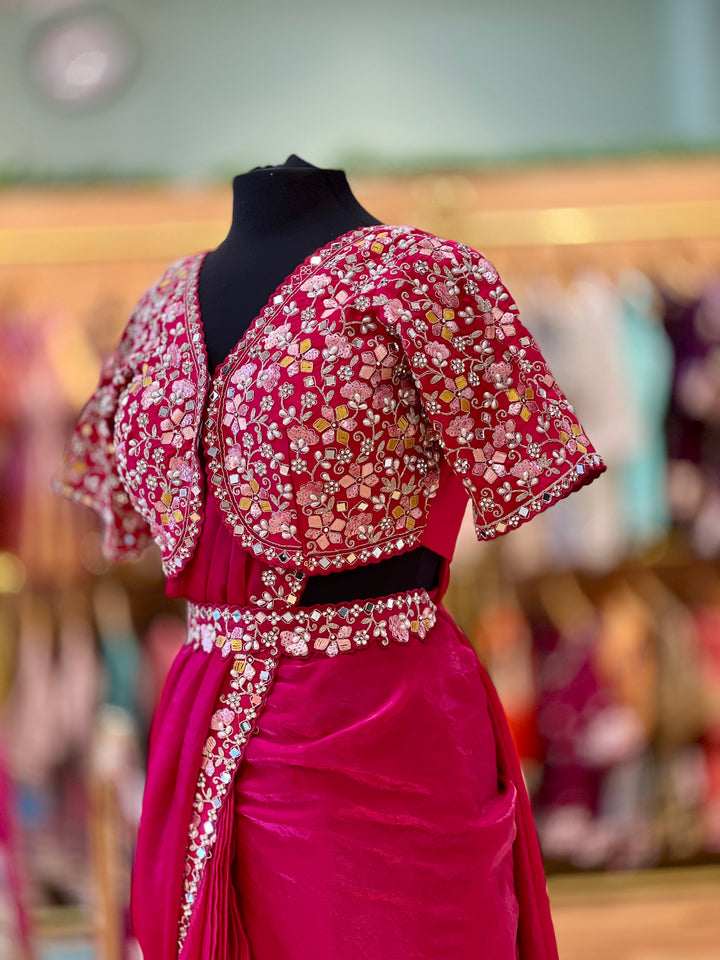 Dark-pink Glass-silk draped ready-to-wear Saree with Embroidered borders, blouse and waist belt