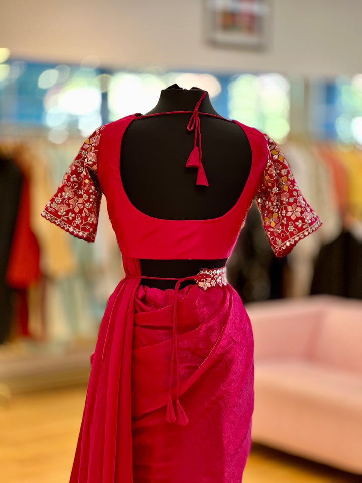 Dark-pink Glass-silk draped ready-to-wear Saree with Embroidered borders, blouse and waist belt