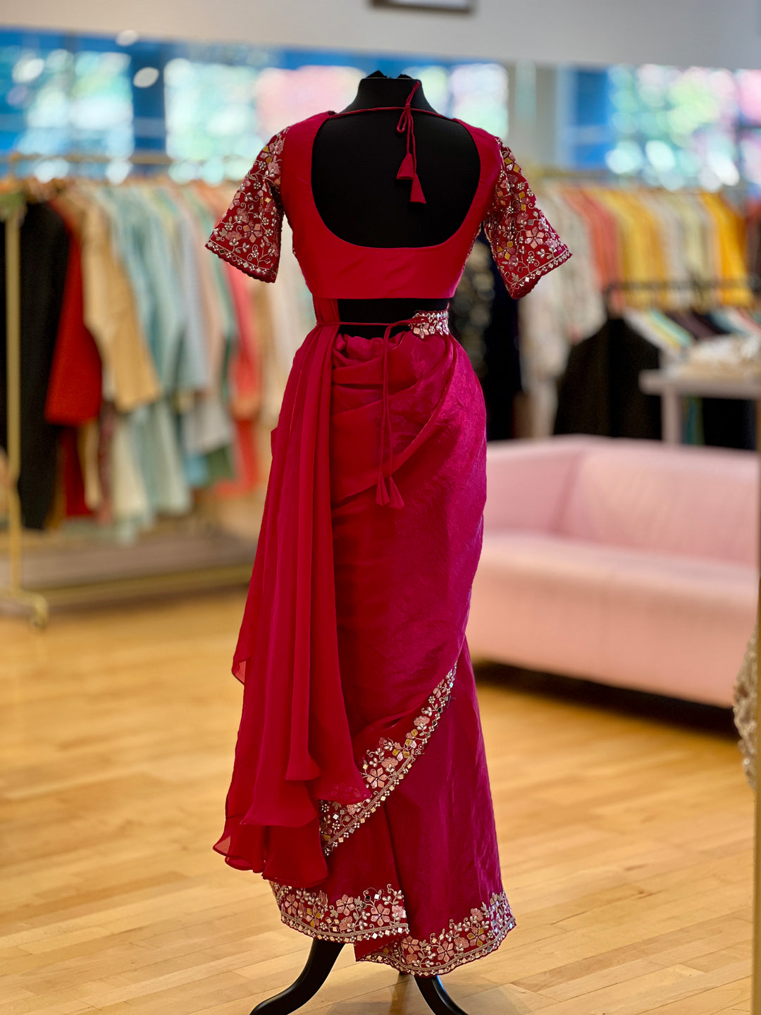 Dark-pink Glass-silk draped ready-to-wear Saree with Embroidered borders, blouse and waist belt
