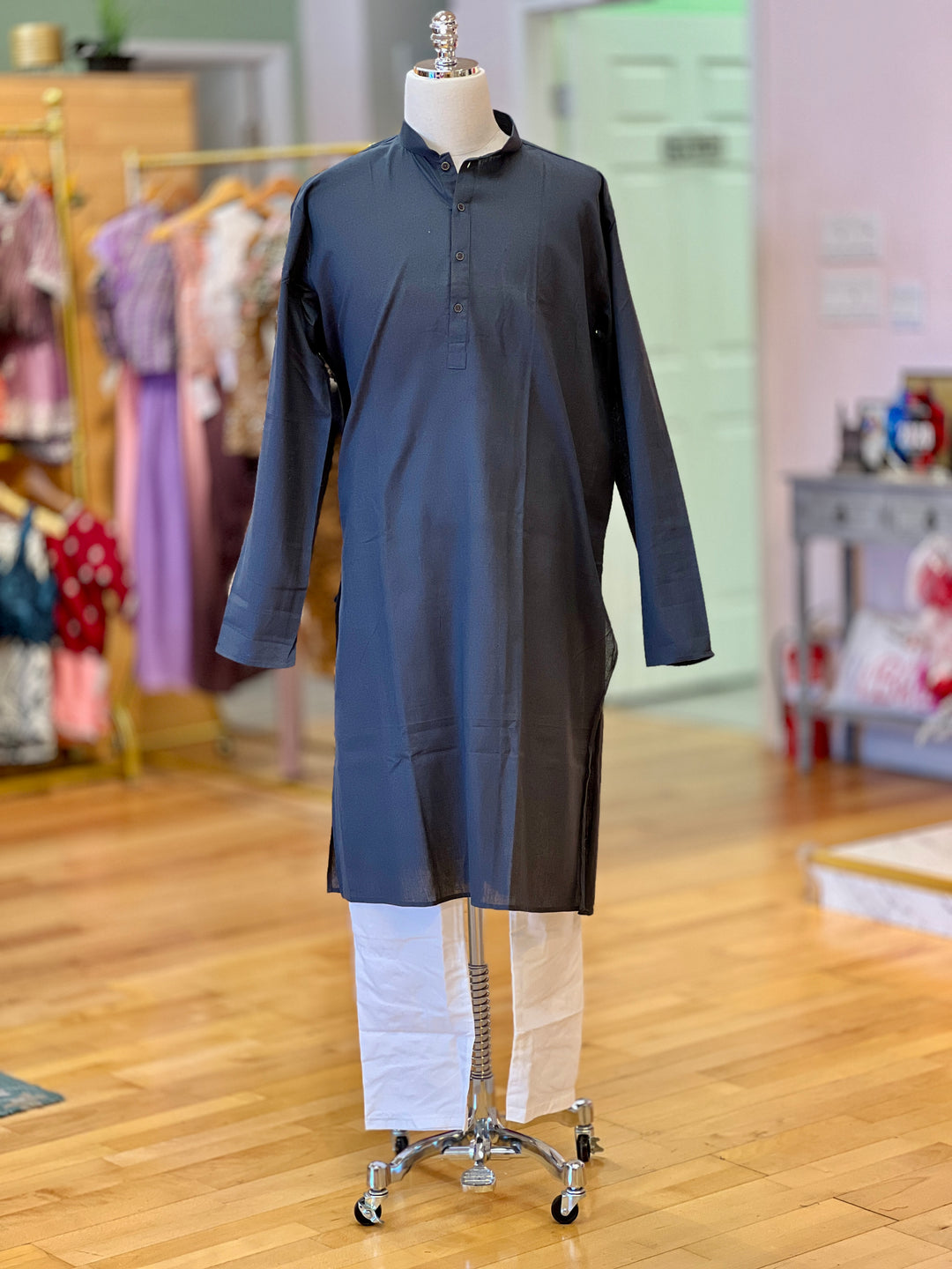 Grey Plain Silk Kurta for Men
