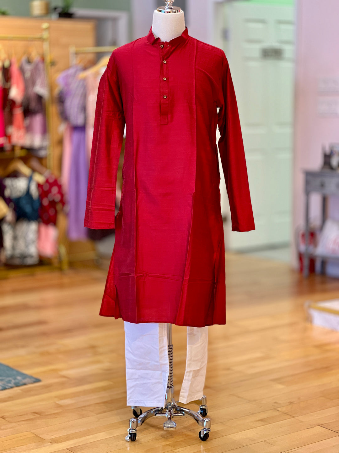 Red Plain Silk Kurta for Men