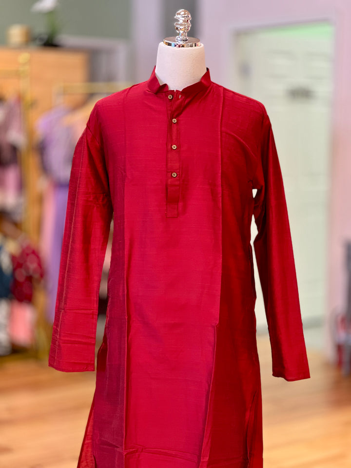 Red Plain Silk Kurta for Men