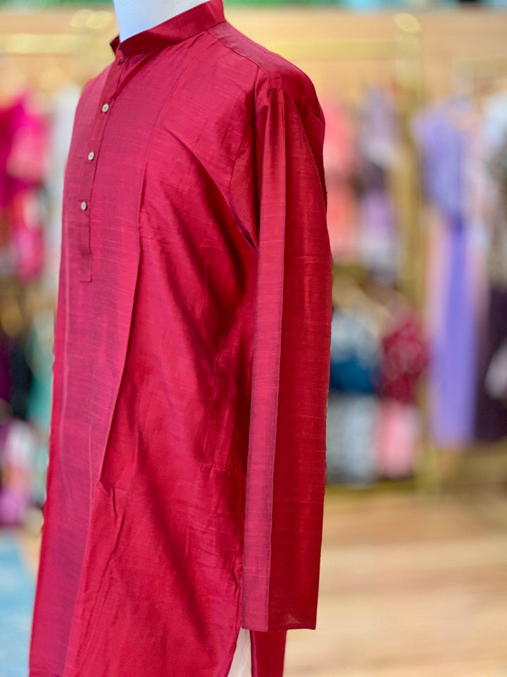 Red Plain Silk Kurta for Men