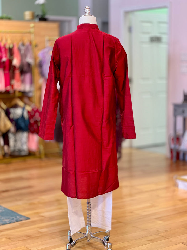 Red Plain Silk Kurta for Men